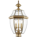 3 Light Antique Brass Outdoor Post Lantern Pendant Lighting Fixture with Clear Beveled Glass Shade-Lighting LumensLantern