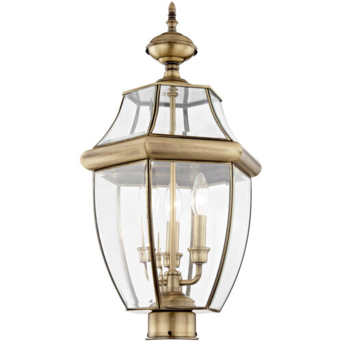 3 Light Antique Brass Outdoor Post Lantern Pendant Lighting Fixture with Clear Beveled Glass Shade-Lighting LumensLantern