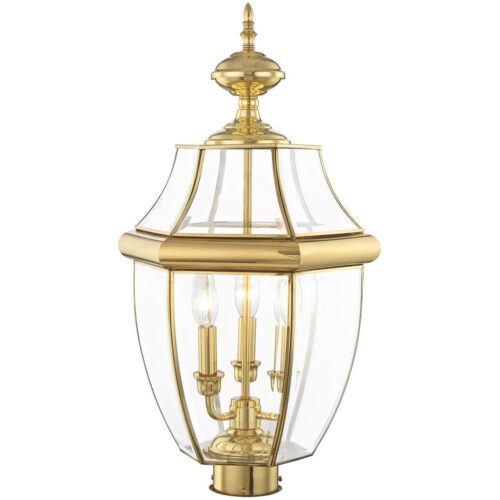 3 Light Polished Brass Outdoor Post Lantern Pendant Lighting Fixture with Clear Beveled Glass Shade-Lighting LumensLantern