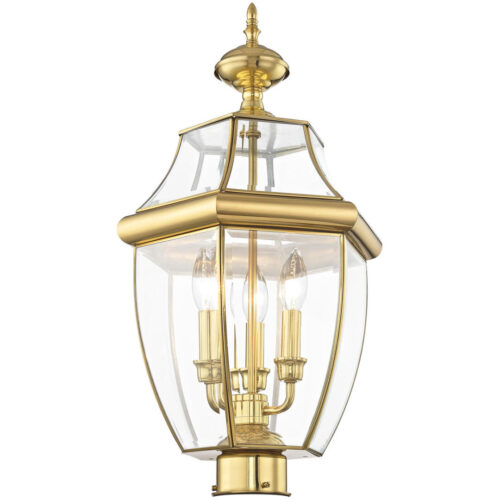 3 Light Polished Brass Outdoor Post Lantern Pendant Lighting Fixture with Clear Beveled Glass Shade-Lighting LumensLantern