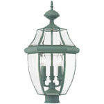 3 Light Verdigris Outdoor Post Lantern Pendant Lighting Fixture with Clear Beveled Glass Shade-Lighting LumensLantern