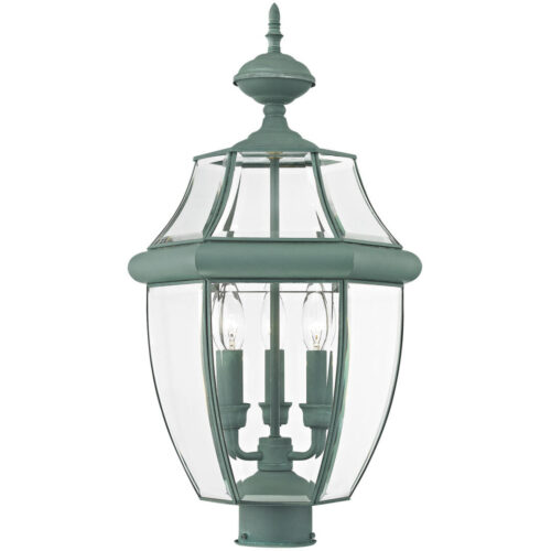 3 Light Verdigris Outdoor Post Lantern Pendant Lighting Fixture with Clear Beveled Glass Shade-Lighting LumensLantern