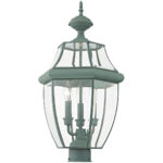 3 Light Verdigris Outdoor Post Lantern Pendant Lighting Fixture with Clear Beveled Glass Shade-Lighting LumensLantern