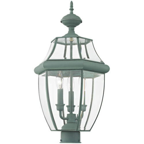 3 Light Verdigris Outdoor Post Lantern Pendant Lighting Fixture with Clear Beveled Glass Shade-Lighting LumensLantern