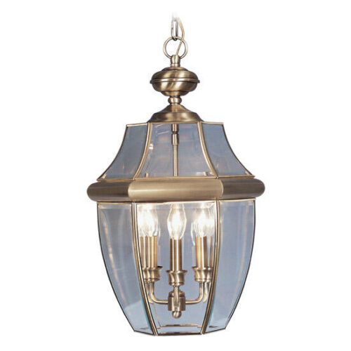 3 Light Antique Brass Outdoor Chain Lantern Pendant Lighting Fixture with Clear Beveled Glass Shade-Lighting LumensLantern