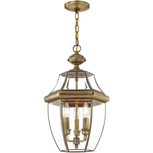 3 Light Antique Brass Outdoor Chain Lantern Pendant Lighting Fixture with Clear Beveled Glass Shade-Lighting LumensLantern