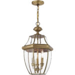 3 Light Antique Brass Outdoor Chain Lantern Pendant Lighting Fixture with Clear Beveled Glass Shade-Lighting LumensLantern