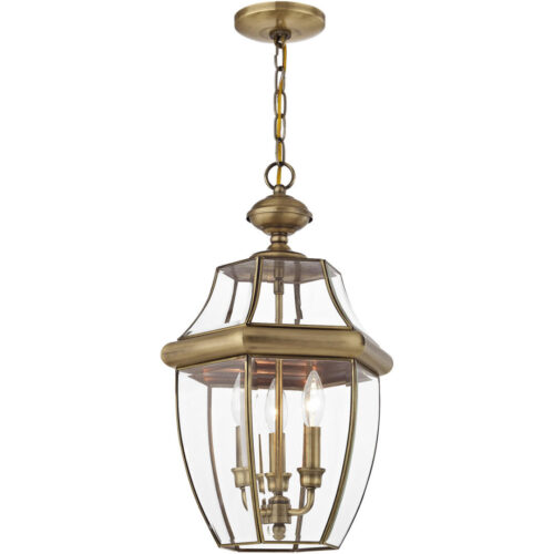 3 Light Antique Brass Outdoor Chain Lantern Pendant Lighting Fixture with Clear Beveled Glass Shade-Lighting LumensLantern