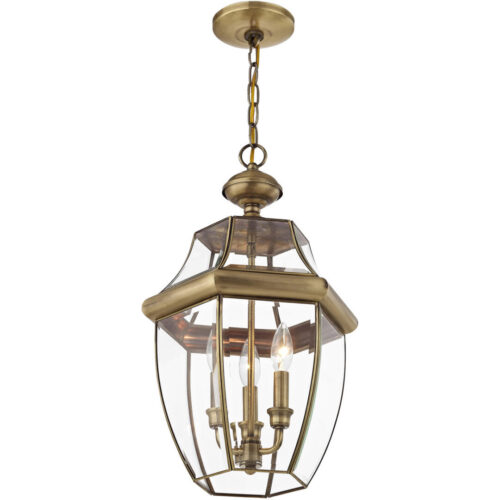 3 Light Antique Brass Outdoor Chain Lantern Pendant Lighting Fixture with Clear Beveled Glass Shade-Lighting LumensLantern