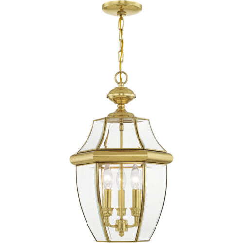 3 Light Polished Brass Outdoor Chain Lantern Pendant Lighting Fixture with Clear Beveled Glass Shade-Lighting LumensLantern