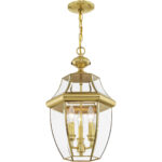 3 Light Polished Brass Outdoor Chain Lantern Pendant Lighting Fixture with Clear Beveled Glass Shade-Lighting LumensLantern