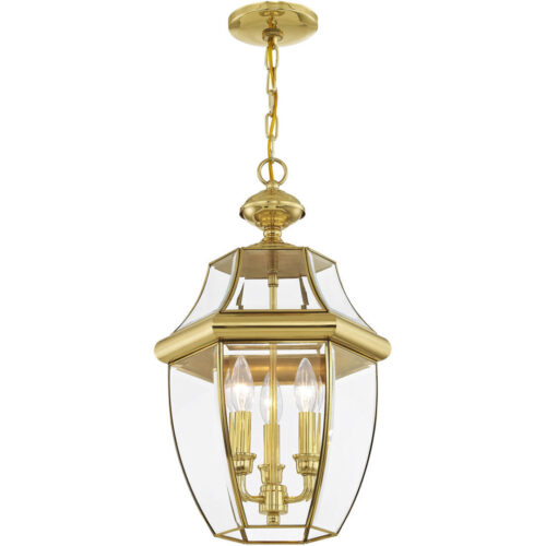 3 Light Polished Brass Outdoor Chain Lantern Pendant Lighting Fixture with Clear Beveled Glass Shade-Lighting LumensLantern