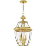 3 Light Polished Brass Outdoor Chain Lantern Pendant Lighting Fixture with Clear Beveled Glass Shade-Lighting LumensLantern