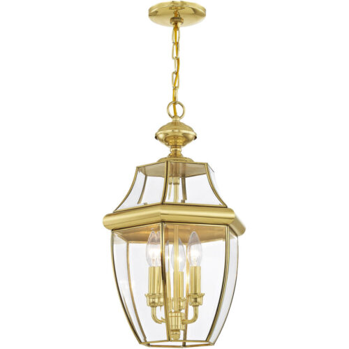 3 Light Polished Brass Outdoor Chain Lantern Pendant Lighting Fixture with Clear Beveled Glass Shade-Lighting LumensLantern