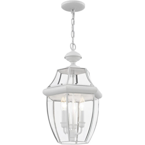 3 Light White Outdoor Chain Lantern Pendant Lighting Fixture with Clear Beveled Glass Shade-Lighting LumensLantern