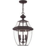 3 Light Bronze Outdoor Chain Lantern Pendant Lighting Fixture with Clear Beveled Glass Shade-Lighting LumensLantern