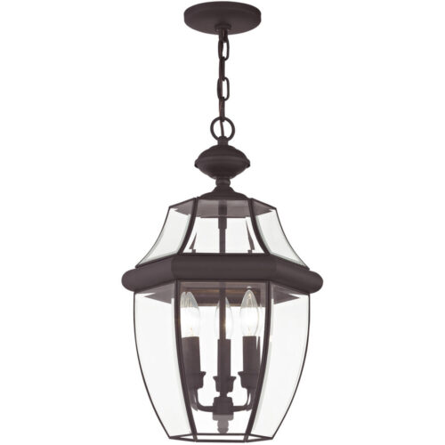 3 Light Bronze Outdoor Chain Lantern Pendant Lighting Fixture with Clear Beveled Glass Shade-Lighting LumensLantern