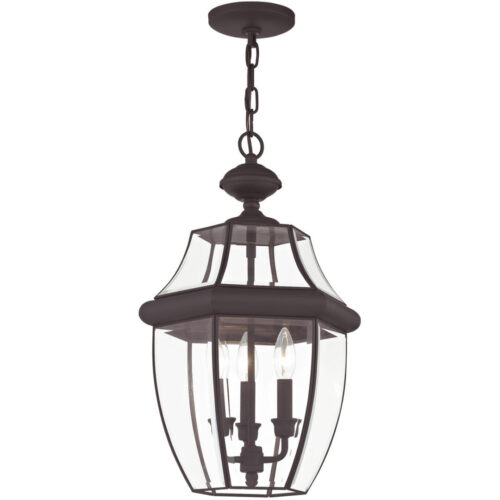 3 Light Bronze Outdoor Chain Lantern Pendant Lighting Fixture with Clear Beveled Glass Shade-Lighting LumensLantern