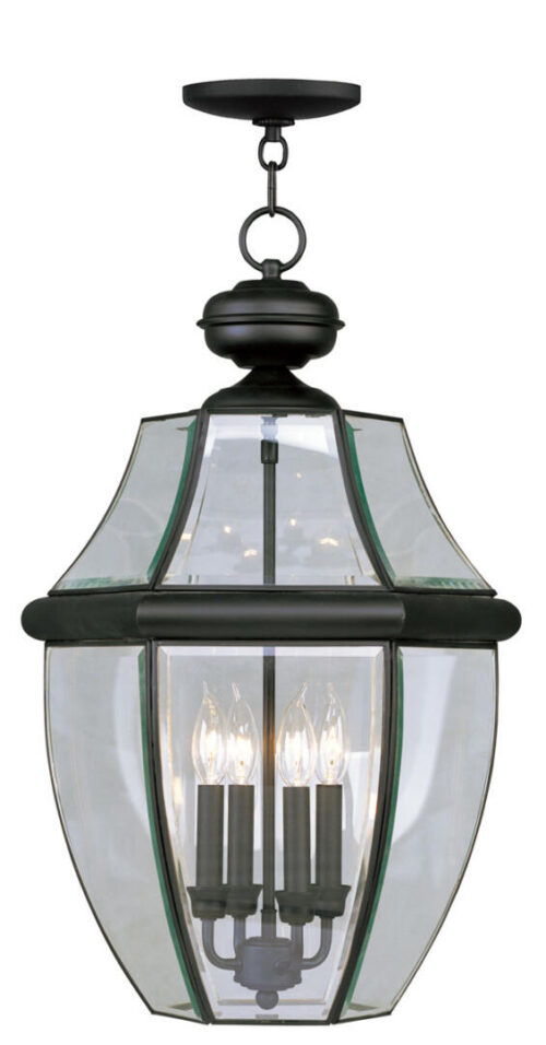 4 Light Black Outdoor Chain Lantern Pendant Lighting Fixture with Clear Beveled Glass Shade-Lighting LumensLantern