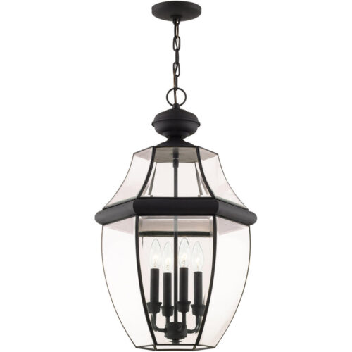 4 Light Black Outdoor Chain Lantern Pendant Lighting Fixture with Clear Beveled Glass Shade-Lighting LumensLantern