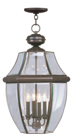 4 Light Bronze Outdoor Chain Lantern Pendant Lighting Fixture with Clear Beveled Glass Shade-Lighting LumensLantern