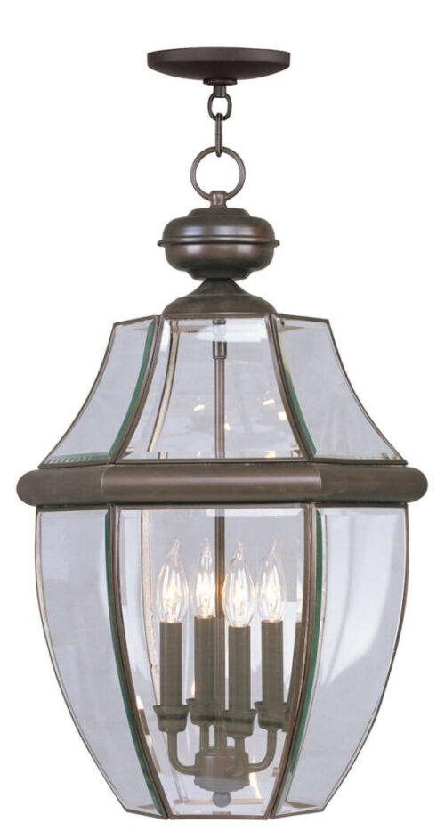 4 Light Bronze Outdoor Chain Lantern Pendant Lighting Fixture with Clear Beveled Glass Shade-Lighting LumensLantern