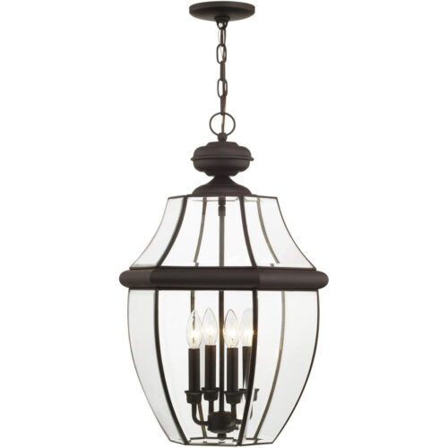 4 Light Bronze Outdoor Chain Lantern Pendant Lighting Fixture with Clear Beveled Glass Shade-Lighting LumensLantern