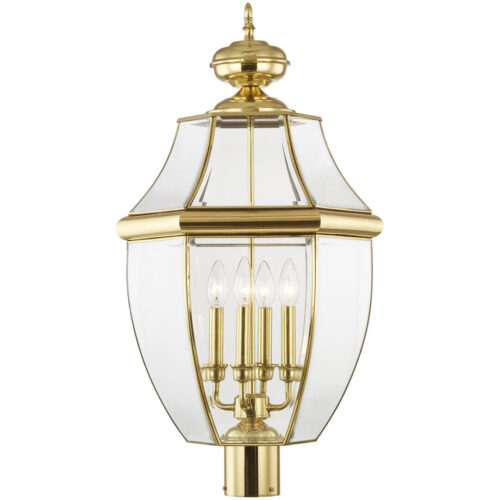 4 Light Polished Brass Outdoor Post Lantern Pendant Lighting Fixture with Clear Beveled Glass Shade-Lighting LumensLantern