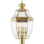 4 Light Polished Brass Outdoor Post Lantern Pendant Lighting Fixture with Clear Beveled Glass Shade-Lighting LumensLantern