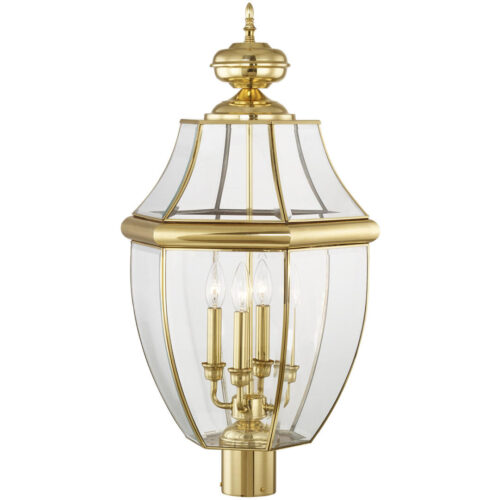 4 Light Polished Brass Outdoor Post Lantern Pendant Lighting Fixture with Clear Beveled Glass Shade-Lighting LumensLantern