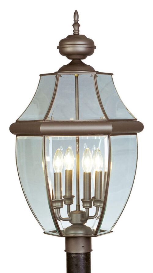 4 Light Bronze Outdoor Post Lantern Pendant Lighting Fixture with Clear Beveled Glass Shade-Lighting LumensLantern