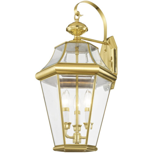 12.5 inch 3 Light Polished Brass Outdoor Wall Lantern Pendant Lighting Fixture with Clear Beveled Glass Shade-Lighting LumensLantern