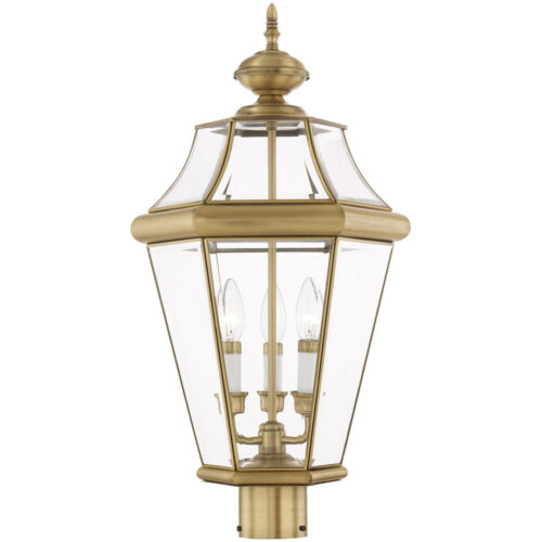 3 Light Antique Brass Outdoor Post Lantern Pendant Lighting Fixture with Clear Beveled Glass Shade-Lighting LumensLantern