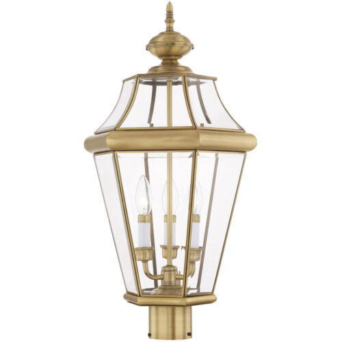 3 Light Antique Brass Outdoor Post Lantern Pendant Lighting Fixture with Clear Beveled Glass Shade-Lighting LumensLantern