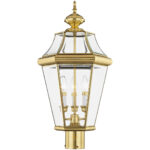 3 Light Polished Brass Outdoor Post Lantern Pendant Lighting Fixture with Clear Beveled Glass Shade-Lighting LumensLantern