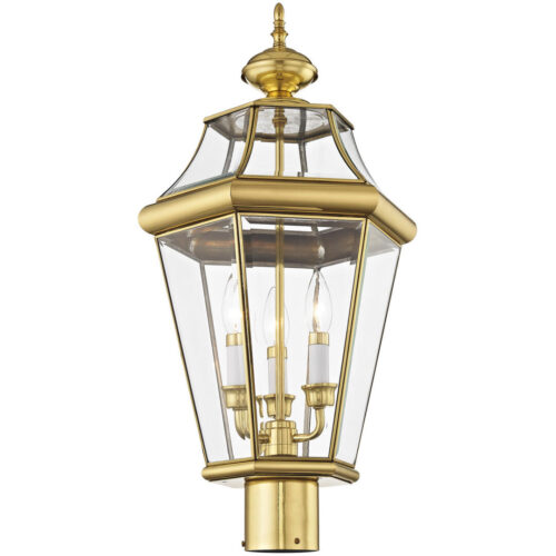 3 Light Polished Brass Outdoor Post Lantern Pendant Lighting Fixture with Clear Beveled Glass Shade-Lighting LumensLantern