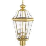 3 Light Polished Brass Outdoor Post Lantern Pendant Lighting Fixture with Clear Beveled Glass Shade-Lighting LumensLantern