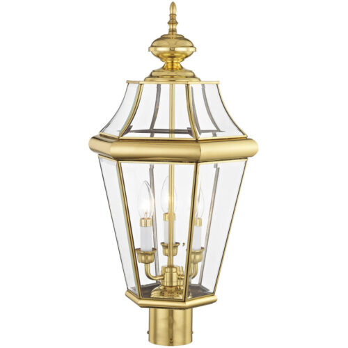 3 Light Polished Brass Outdoor Post Lantern Pendant Lighting Fixture with Clear Beveled Glass Shade-Lighting LumensLantern