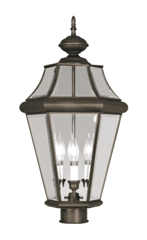 3 Light Bronze Outdoor Post Lantern Pendant Lighting Fixture with Clear Beveled Glass Shade-Lighting LumensLantern