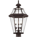 3 Light Bronze Outdoor Post Lantern Pendant Lighting Fixture with Clear Beveled Glass Shade-Lighting LumensLantern