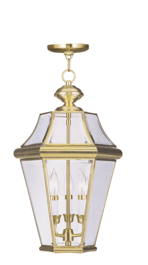 3 Light Polished Brass Outdoor Chain Lantern Pendant Lighting Fixture with Clear Beveled Glass Shade-Lighting LumensLantern