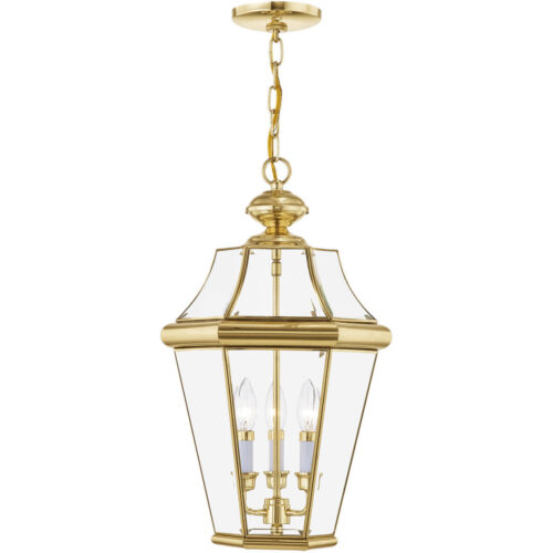 3 Light Polished Brass Outdoor Chain Lantern Pendant Lighting Fixture with Clear Beveled Glass Shade-Lighting LumensLantern