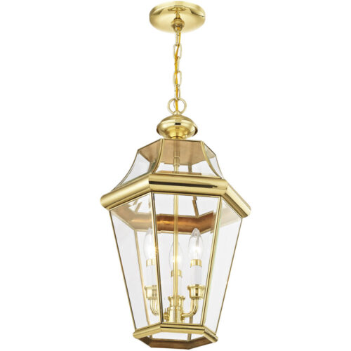 3 Light Polished Brass Outdoor Chain Lantern Pendant Lighting Fixture with Clear Beveled Glass Shade-Lighting LumensLantern