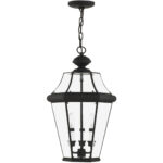 3 Light Black Outdoor Chain Lantern Pendant Lighting Fixture with Clear Beveled Glass Shade-Lighting LumensLantern