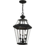 3 Light Black Outdoor Chain Lantern Pendant Lighting Fixture with Clear Beveled Glass Shade-Lighting LumensLantern