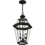 3 Light Black Outdoor Chain Lantern Pendant Lighting Fixture with Clear Beveled Glass Shade-Lighting LumensLantern