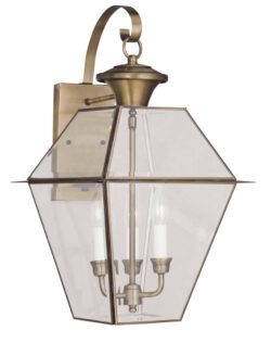 12 inch 3 Light Antique Brass Outdoor Wall Lantern Pendant Lighting Fixture with Clear Beveled Glass Shade-Lighting LumensLantern