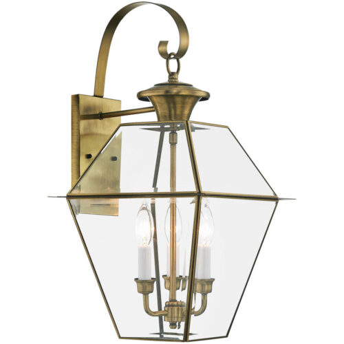 12 inch 3 Light Antique Brass Outdoor Wall Lantern Pendant Lighting Fixture with Clear Beveled Glass Shade-Lighting LumensLantern