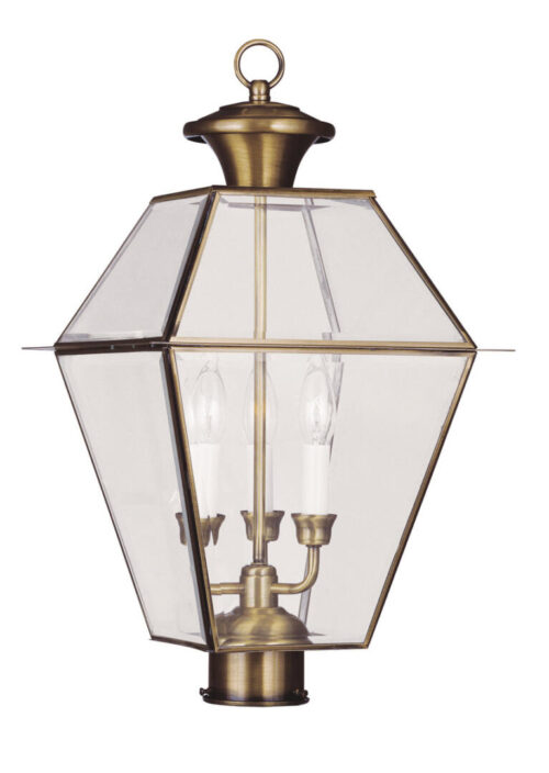 12 inch 3 Light Antique Brass Outdoor Post Lantern Pendant Lighting Fixture with Clear Beveled Glass Shade-Lighting LumensLantern