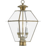 12 inch 3 Light Antique Brass Outdoor Post Lantern Pendant Lighting Fixture with Clear Beveled Glass Shade-Lighting LumensLantern